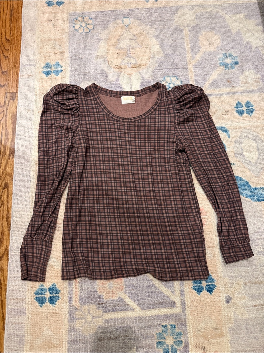 Nation LTD Brown Plaid Puff-Sleeve Long Sleeve Top